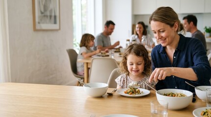 Fototapeta premium Mother lovingly serves food to her daughter at a family dinner, creating a warm, intimate moment in a bright, modern kitchen.