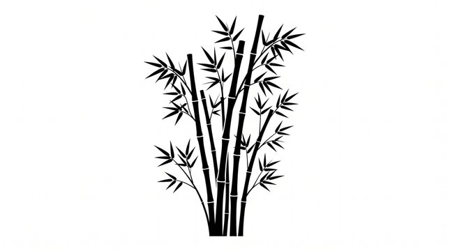 Black silhouette of a bamboo plant with leaves isolated on a white background with featuring multiple stalks detailed black graphic illustration environment minimalist decoration bamboozled art