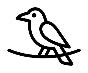 Fototapeta premium Minimalist black and white vector icon of a crow perched on a curved wire, elegant line art illustration with bold outline, modern bird silhouette perfect for nature and wildlife design concepts
