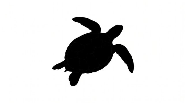 Black silhouette of a sea turtle swimming on a plain white background for design with shown swimming against against solid illustration conservation underwater minimalist endangered wildlife with icon