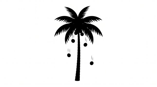 Black silhouette of a palm tree with coconuts falling from its fronds on white background with falling down canopy silhouette tropical multiple coconuts illustration environment minimalist flora