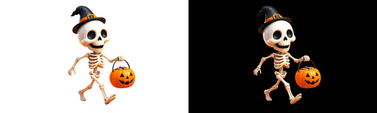 cute skeleton character wearing witch hat while walking with pumpkin candy bucket for halloween render