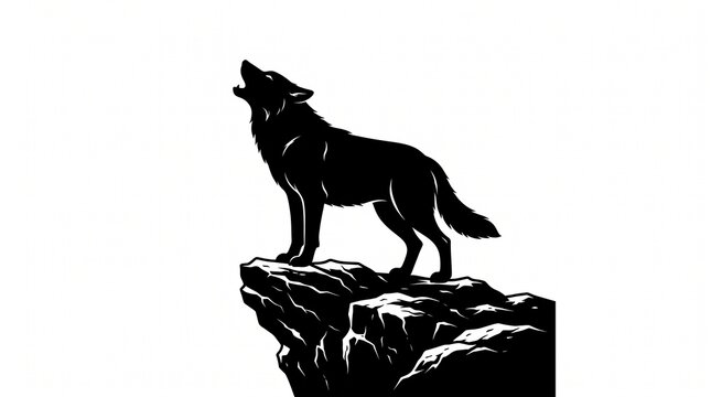 Black silhouette of a wolf howling on top of a rocky cliff against white background with howls against stands rocky illustration wilderness minimalist monochrome wildlife predator mountain with animal