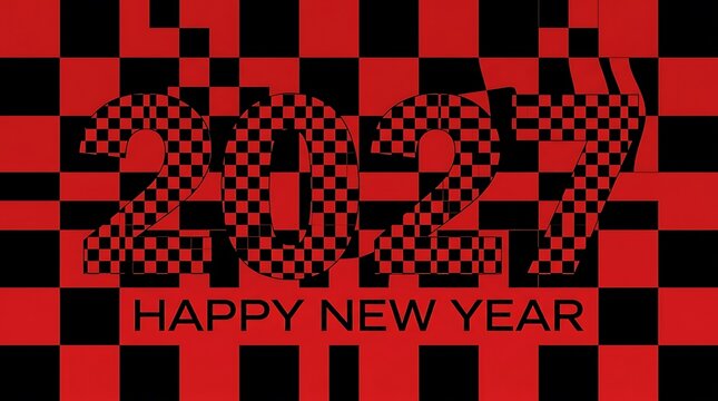 Happy new year 2027 greeting card design with red and black checkered pattern background and bold digital typography for festive celebration of the upcoming year holiday season event