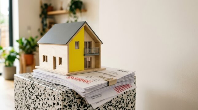 Model house on overdue invoices, symbolizing financial stress and debt in real estate