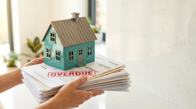 Teal house model on stack of overdue bills, representing financial burden and real estate debt