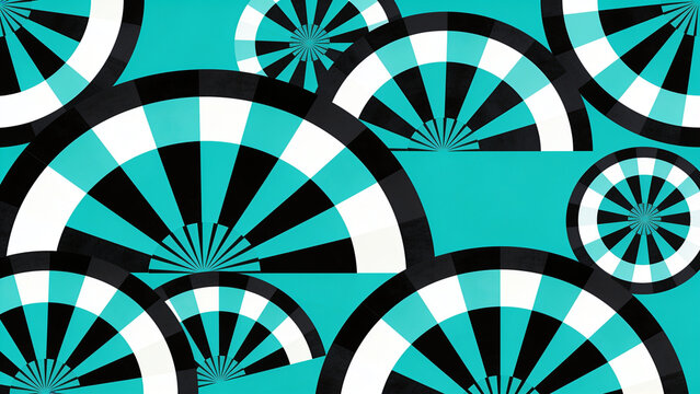 An optical illusion featuring abstract fan shapes in teal, black, and white, creating a mesmerizing visual effect