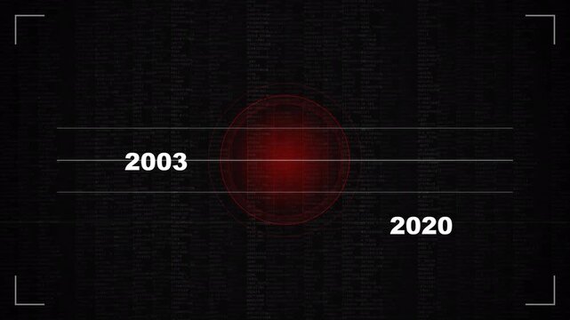 Sleek digital interface with glowing red target HUD overlay showing years 2003 and 2020 on dark background, concept for corporate evolution and finance timeline tracking, ideal for business reports.