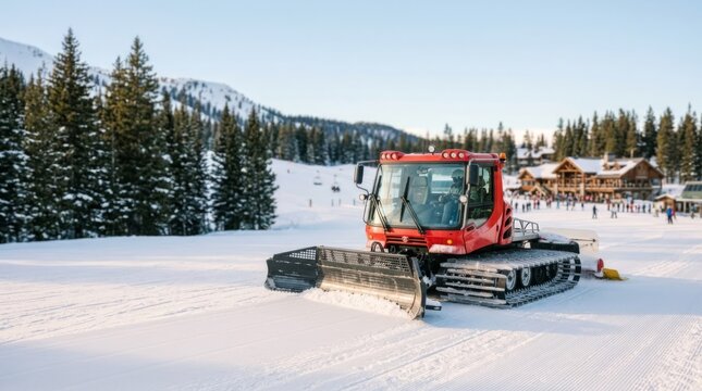 Red snowcat grooming a ski slope at a mountain resort in bright daylight, smooth corduroy snow texture, professional machinery for winter recreation
