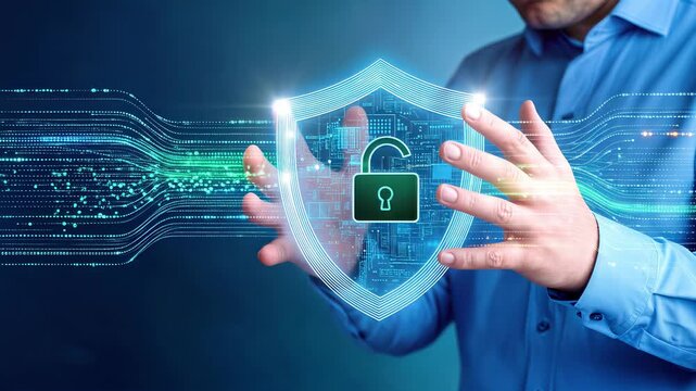Cybersecurity expert interacting with holographic shield and padlock interface. Digital data protection and network security concept. Static medium shot.