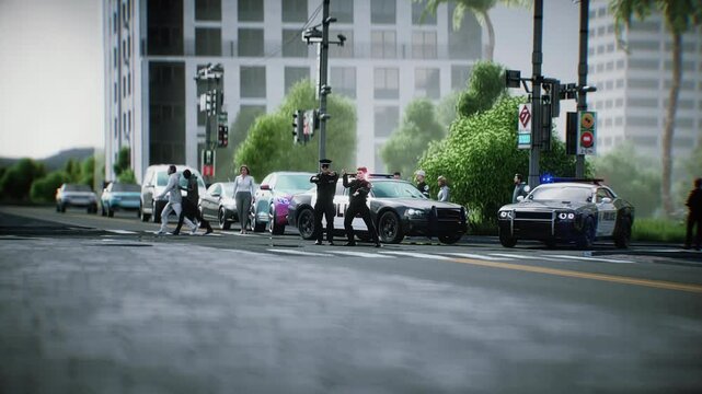 Police Officers funny Dancing on City Street Near Patrol Car. Realistic 4k animation
