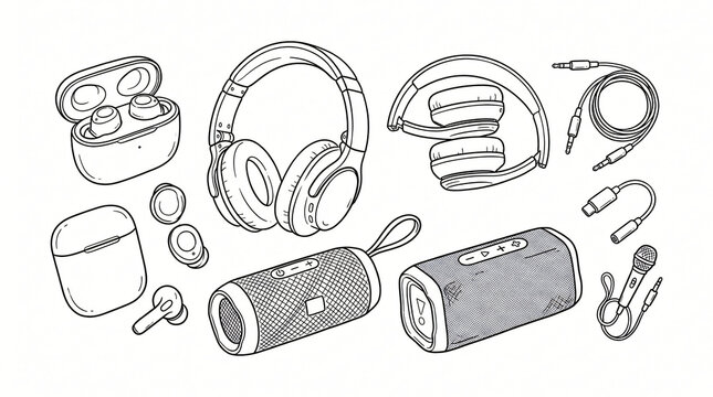 Mobile Audio Gear Line Art Doodle Illustration Bundle Hand Drawn Wireless Earbuds Charging Case Over Ear Headphones Bluetooth Speaker Audio Jack Contour Isolated On White Background Stock