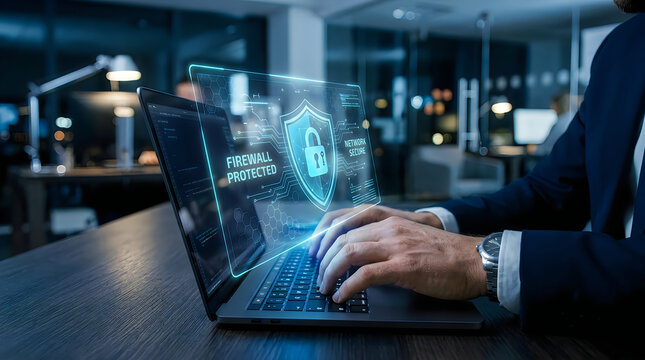 A professional cybersecurity expert working on a laptop in a modern office at night, with a glowing digital interface showing a firewall protected shield icon and network security status overlay