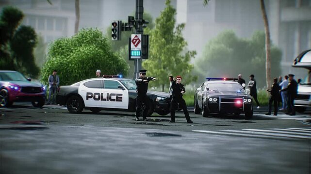 Police Officers funny Dancing on City Street Near Patrol Car. Realistic 4k animation