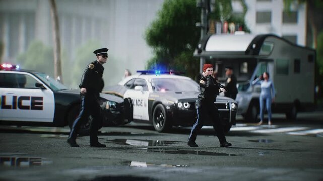 Police Officers funny Dancing on City Street Near Patrol Car. Realistic 4k animation