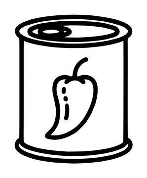 Hand-drawn vector illustration of a canned pepper tin can with chili pepper icon, minimalist black and white line art food packaging design, simple flat icon for web and print