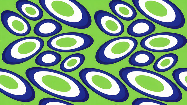 An abstract pattern of blue, white, and green oval shapes scattered across a bright green background. The shapes vary in size and overlap each other, creating a dynamic and modern design