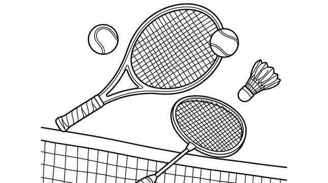 Line art illustration of tennis rackets, balls, shuttlecock, and net on white background