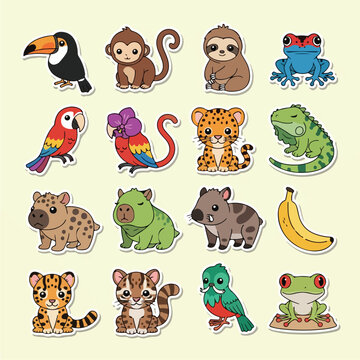 Cute Cartoon Rainforest Animal Stickers Set.