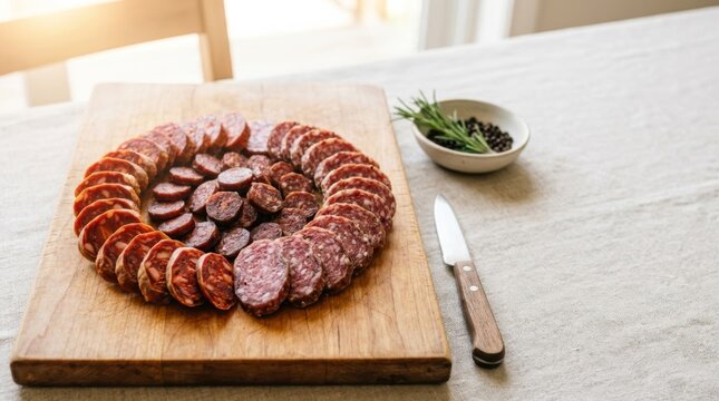 Circular arrangement of sliced cured sausages on a wooden board, creating a food pattern with rosemary and peppercorns, for gourmet marketing