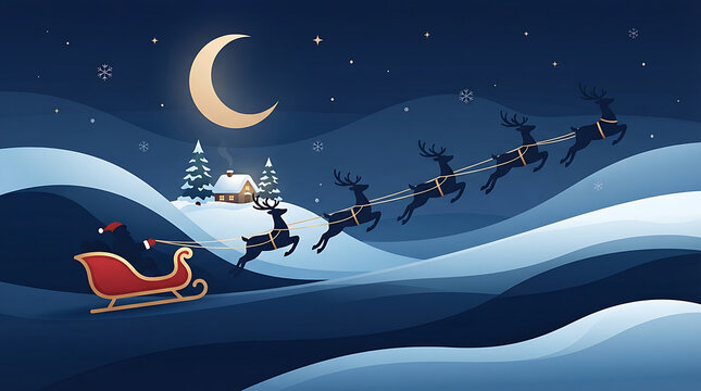 Santa claus flying in his sleigh with reindeer over a snowy village landscape at night with moon