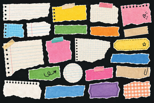 Torn Paper Notebook Sticker Set with Retro Scrapbook Labels, Hand drawn Y2K paper notebook rip sticker tape with cut tear texture note