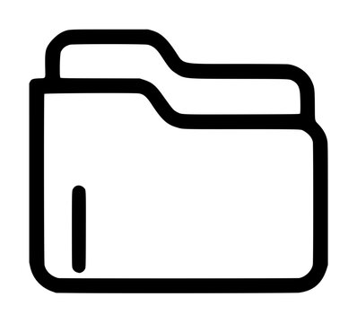 Minimalist black and white folder icon, hand-drawn vector illustration representing file organization, document storage, office supplies, and data management for web and print design projects
