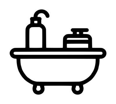 Minimalist black and white vector icon of a bathtub caddy shelf with soap dispensers, bathroom accessory line art illustration for modern spa and wellness design - detailed commercial stock imagery