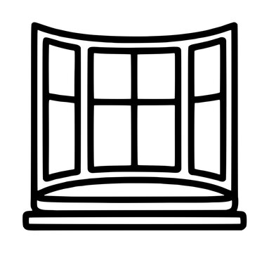 Hand-drawn line art icon of a classic bay window with a cushion seat, black and white sketch, minimal vector illustration for web, transparent background - professional detailed commercial stock