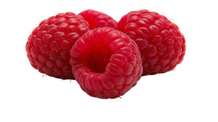 Isolated fresh red ripe delicious raspberries, a healthy sweet summer berry snack food © Conor