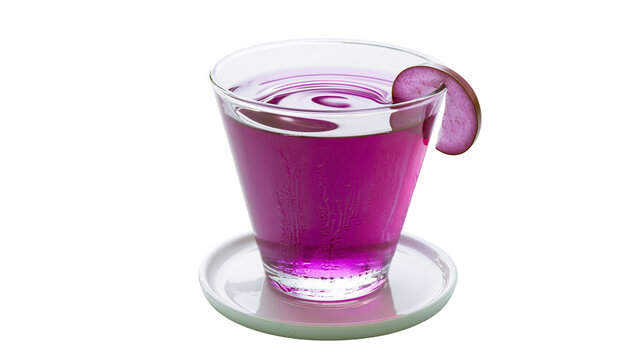 Isolated glass of vibrant purple drink garnished with a fruit slice, served on a small saucer