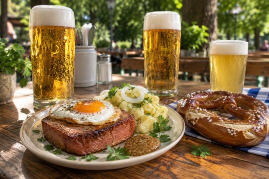 Herzhaftes Fleischgericht mit Spiegelei, Kartoffelsalat und grobem Senf, dazu Brezeln und drei k&uuml;hle Biere &ndash; deftige bayerische Hausmannskost im Biergarten.