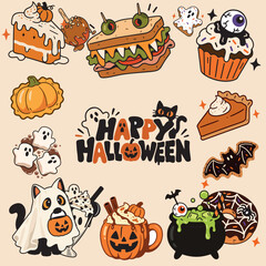 Fototapeta premium Halloween food and drinks illustration set featuring spooky desserts, beverages, treats, pumpkins, ghosts, cats and festive holiday elements.