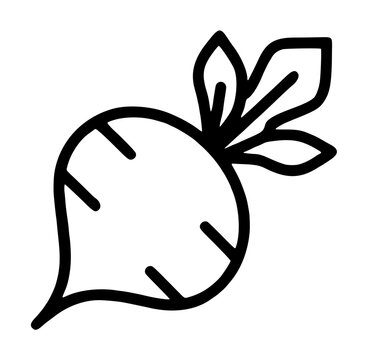 Hand-drawn beetroot vector icon with leaves, simple line illustration of a fresh organic beet root vegetable, minimalist black outline design on white background for food and nutrition