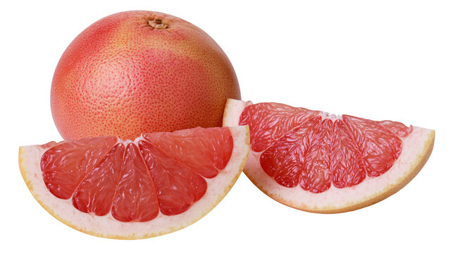 Isolated fresh pink grapefruit with vibrant juicy slices cut from the whole citrus fruit
