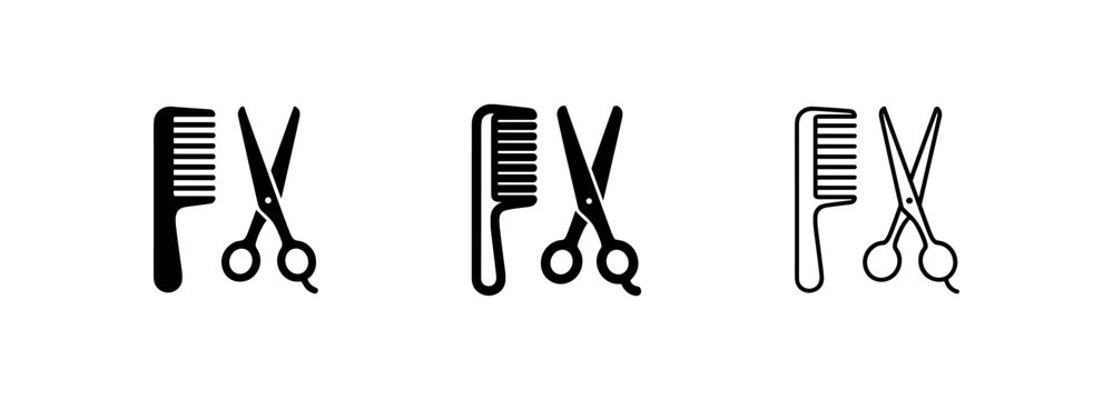 Hairdressing comb and scissors icon set. Barber shop and beauty salon symbols.