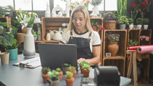 Woman florist in apron uses laptop at counter, adjusts glasses and flips hair among potted plants and vases in studio; calm focus.