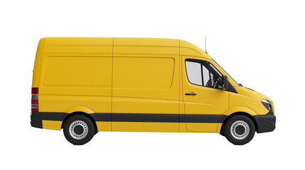 Isolated empty yellow delivery cargo van in profile, ready for commercial transportation. © Conor