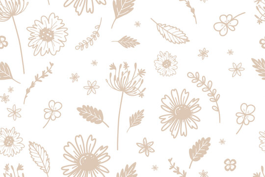 Hand-drawn seamless floral pattern with delicate flowers, leaves, berries and botanical branches in soft beige tones on a white background