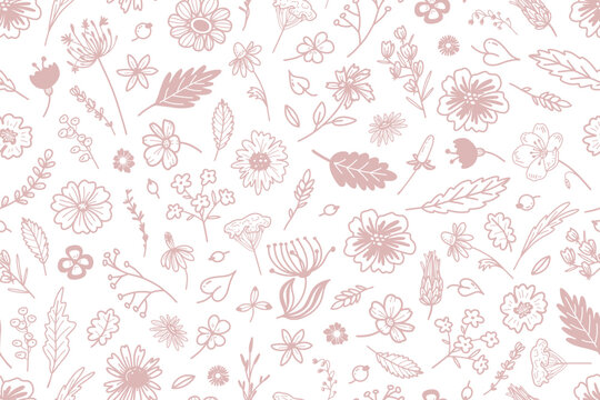 Hand-drawn seamless floral pattern with delicate flowers, leaves, berries and botanical branches in soft tones on a white background