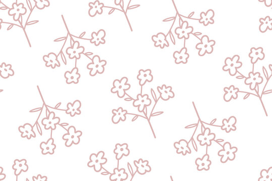 Hand-drawn seamless floral pattern with delicate flowers, leaves, berries and botanical branches in soft tones on a white background
