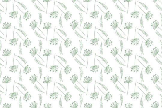 Hand-drawn seamless floral pattern with delicate flowers, leaves, berries and botanical branches in soft tones on a white background