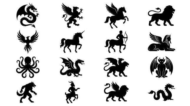 Black silhouette icons of mythical creatures and monsters.