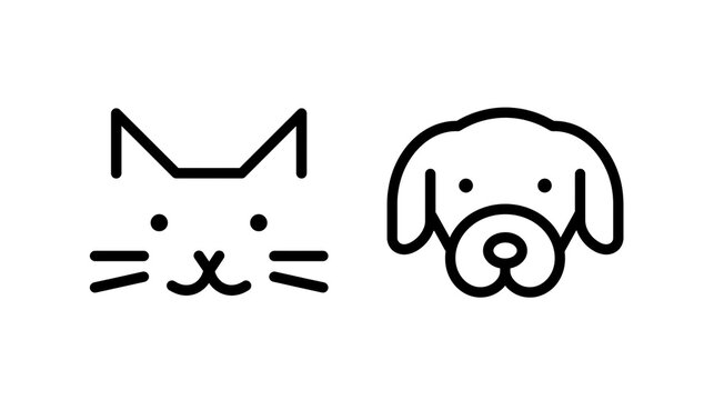 Isolated vector line art graphic featuring a cute cat face and a friendly dog head icon