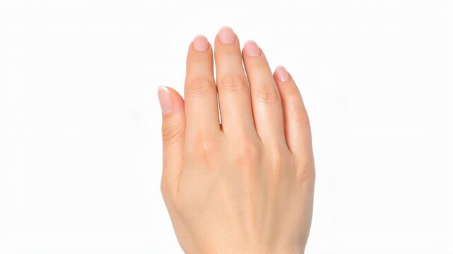 Close-up of a woman's hand with pink manicure on white background