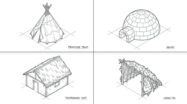 Isometric sketches of primitive shelters and huts.