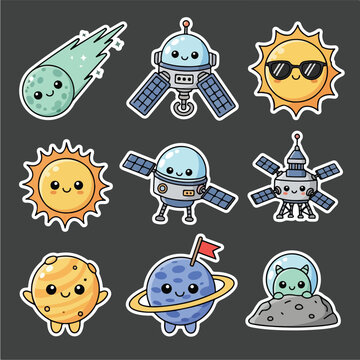 Cute cartoon space stickers set with planets satellites and sun.