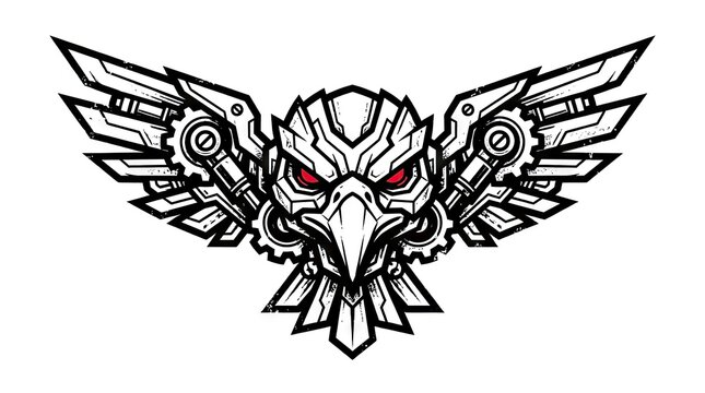Mechanical eagle head mascot with robotic wings.