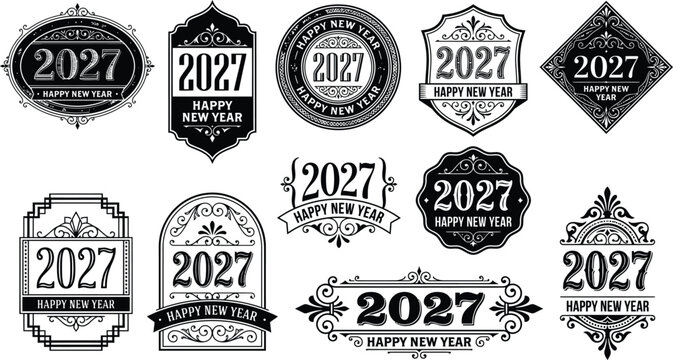 Collection of vintage style black and white 2027 new year badges and labels