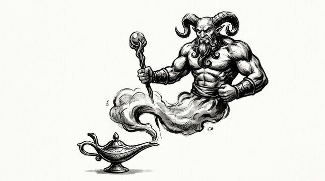 Mythical muscular genie emerging from a magic lamp.